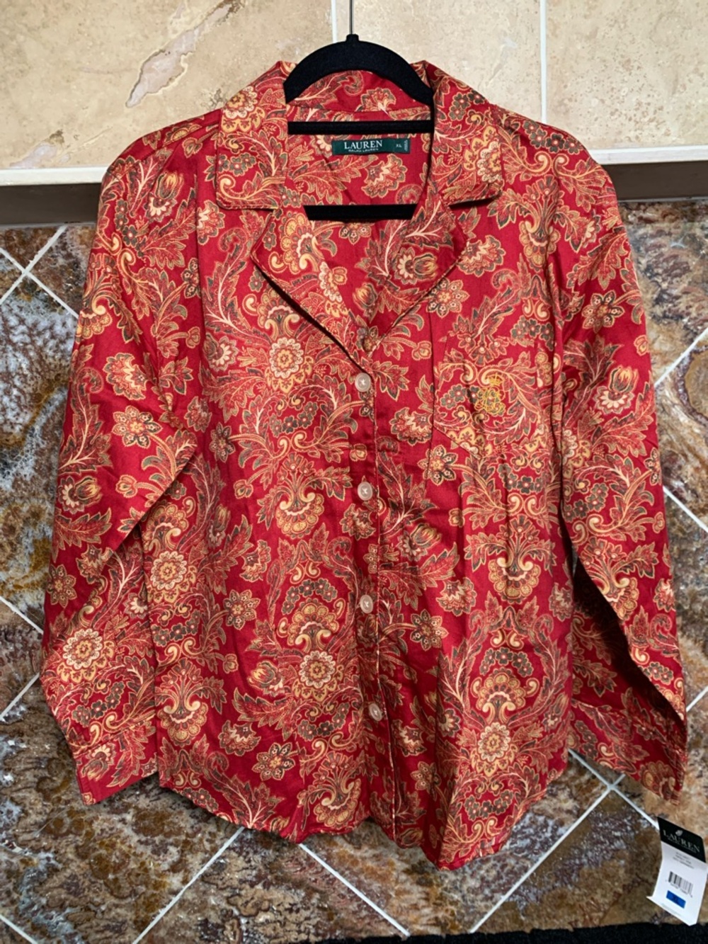 NWT Lauren Ralph Lauren Red Paisley Satin Pajama Top Monogram Pocket XL Luxury